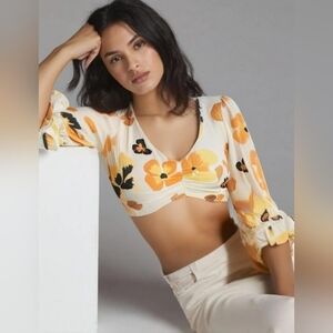 ZARA Ivory Cropped Bold Floral Print Blouse